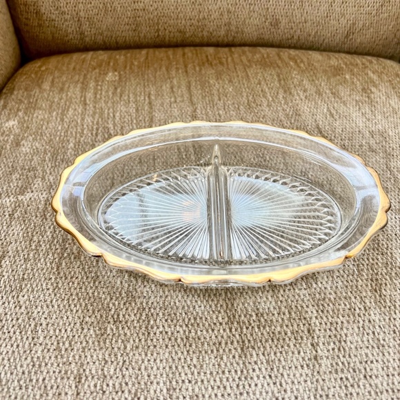 Vintage Jeannette Glass Oval Divided Relish Tray Gold Rimmed - Picture 2 of 4